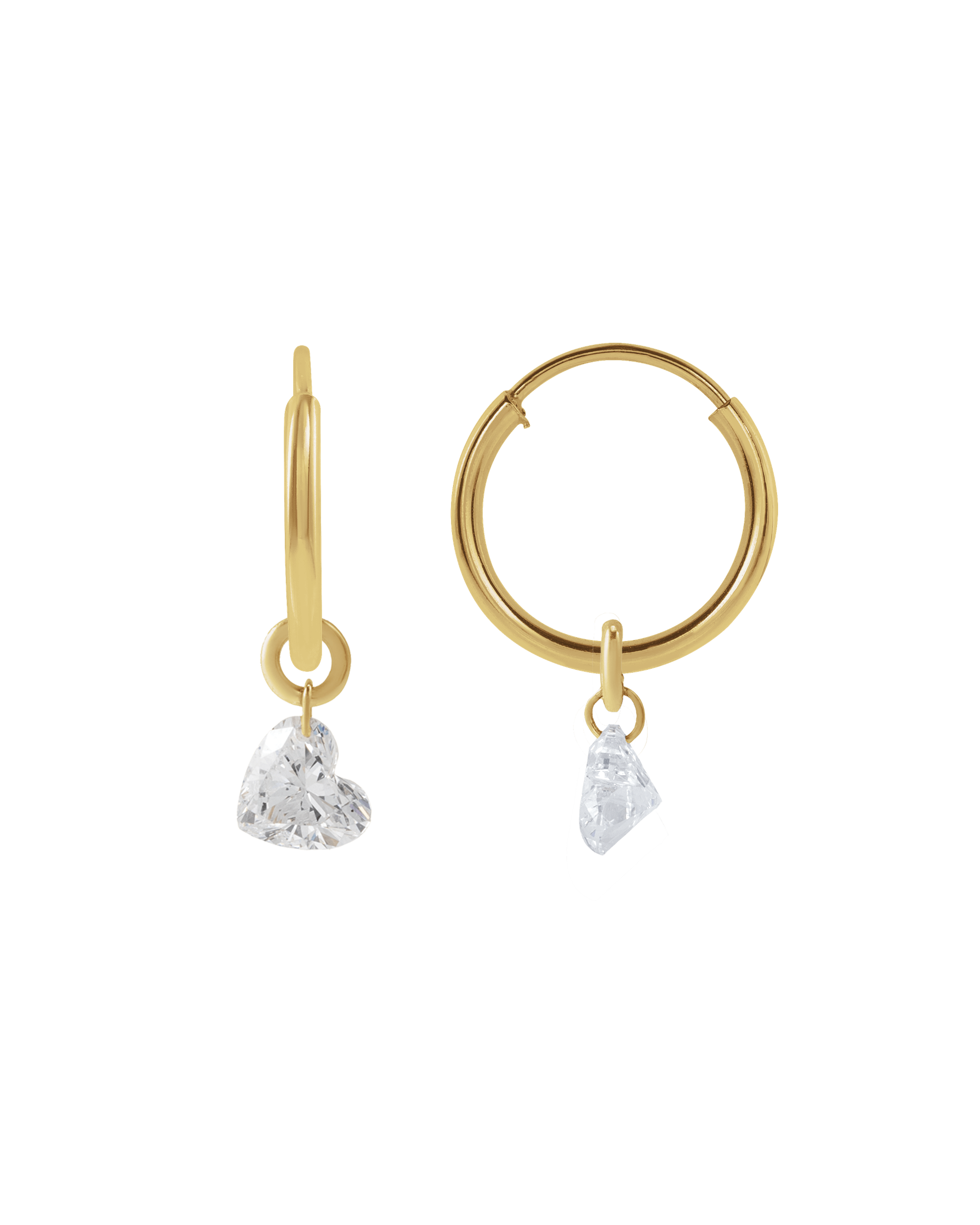 Gold hoop earrings with heart-shaped diamond